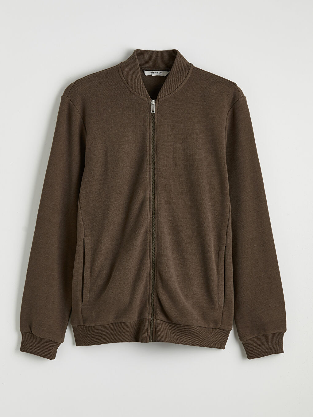 Kahverengi Dik Yaka Erkek Fermuarlı Sweatshirt-4