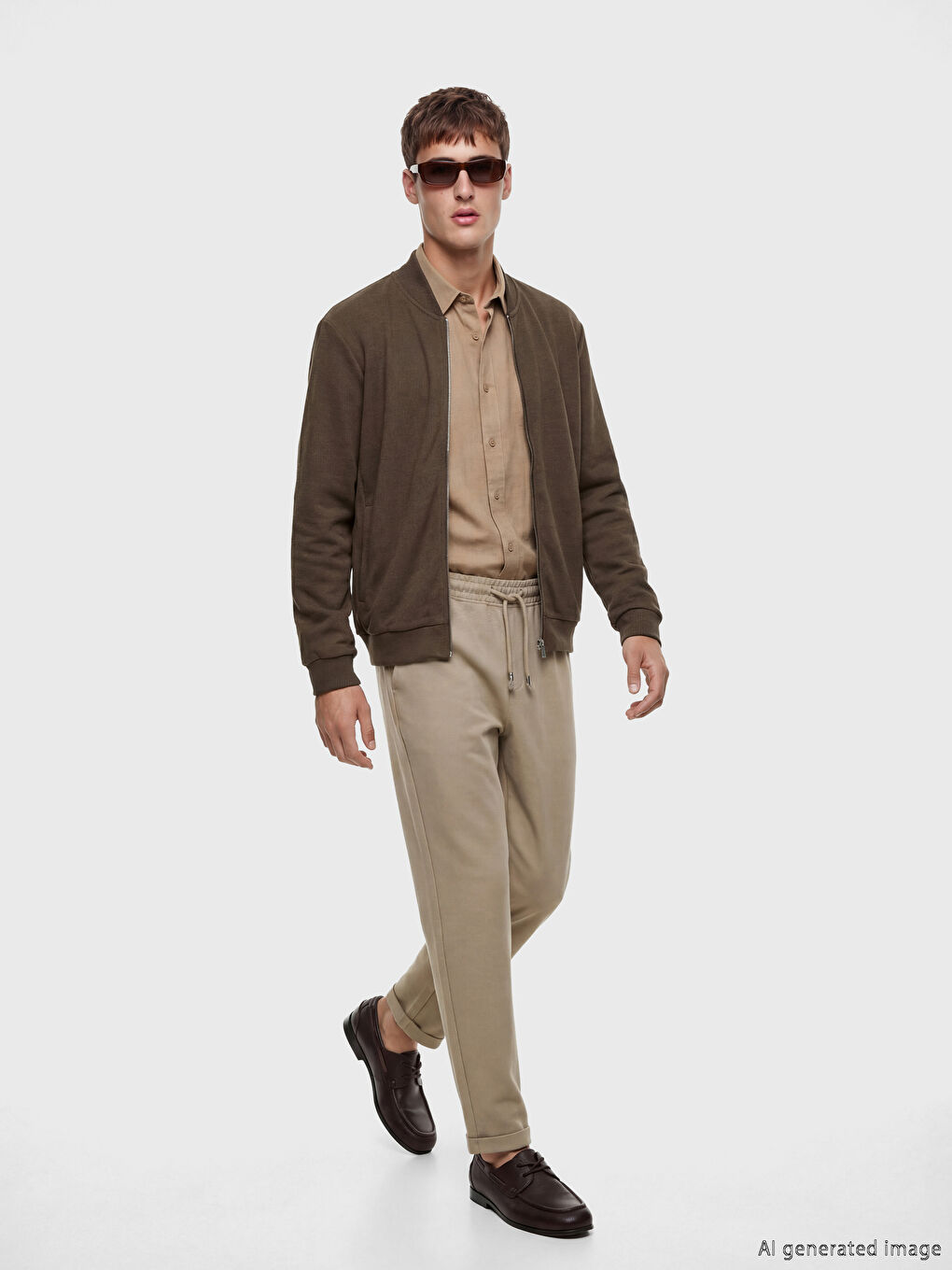 Kahverengi Dik Yaka Erkek Fermuarlı Sweatshirt-1