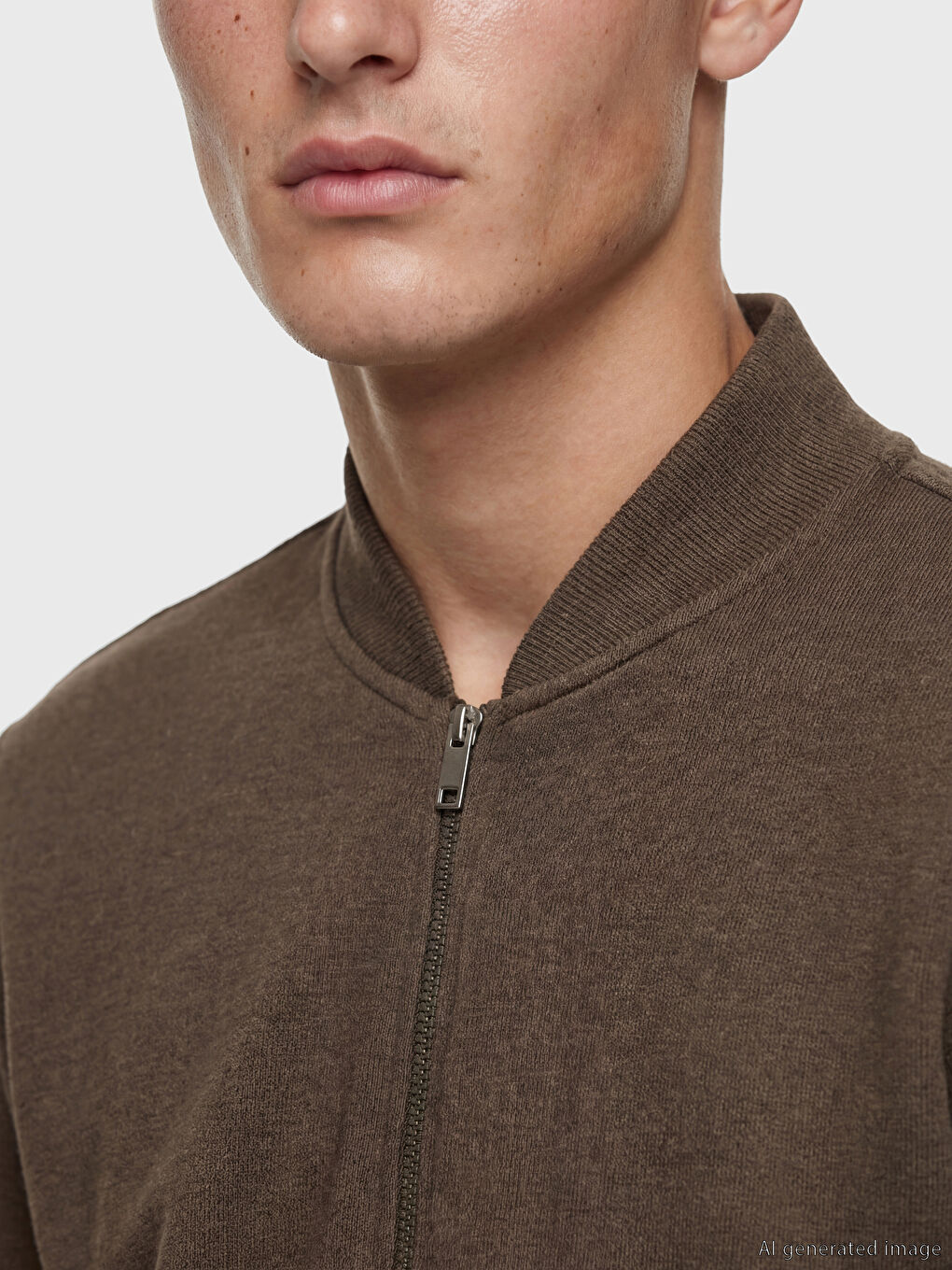 Kahverengi Dik Yaka Erkek Fermuarlı Sweatshirt-2