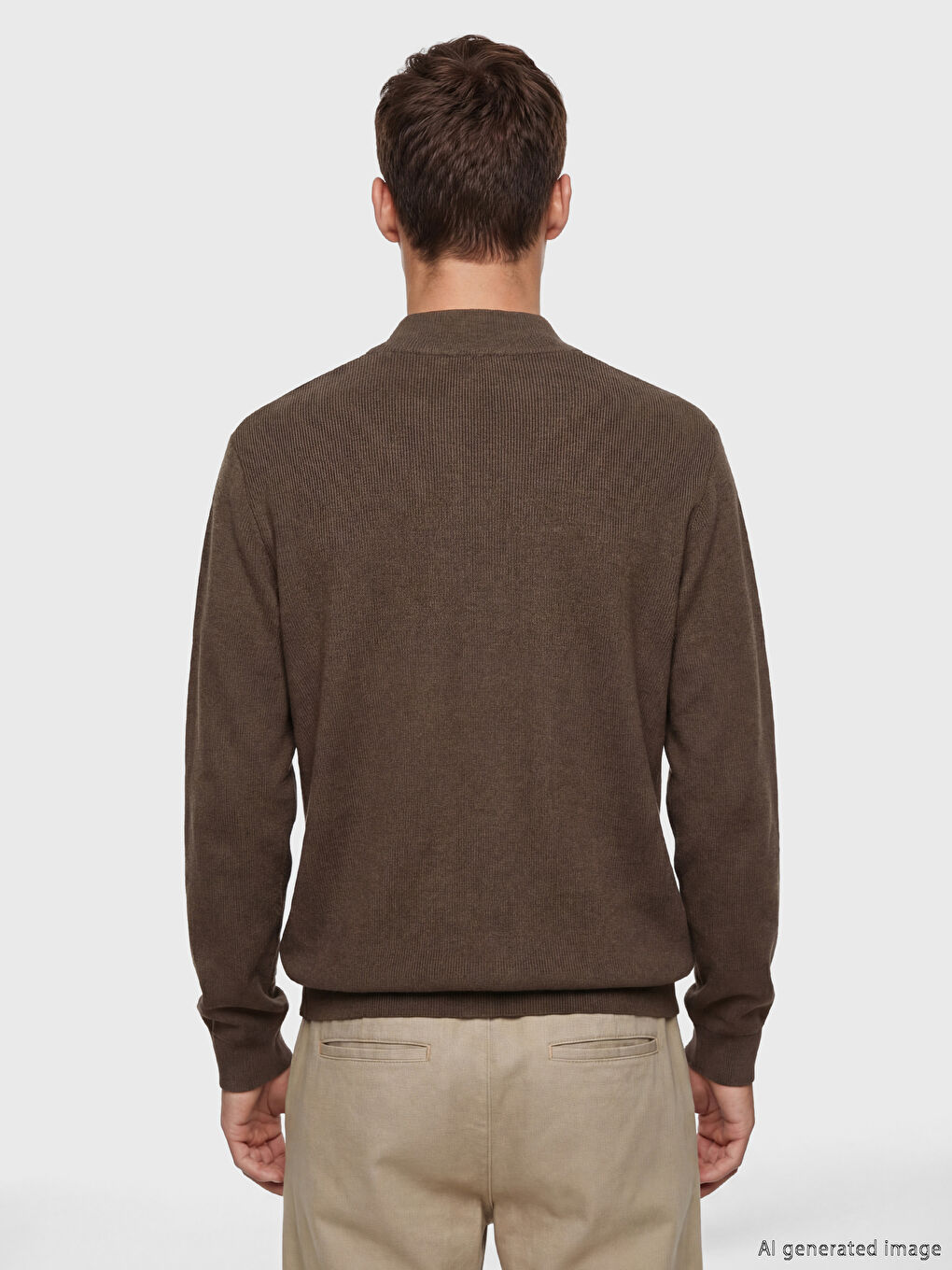 Kahverengi Dik Yaka Erkek Fermuarlı Sweatshirt-3