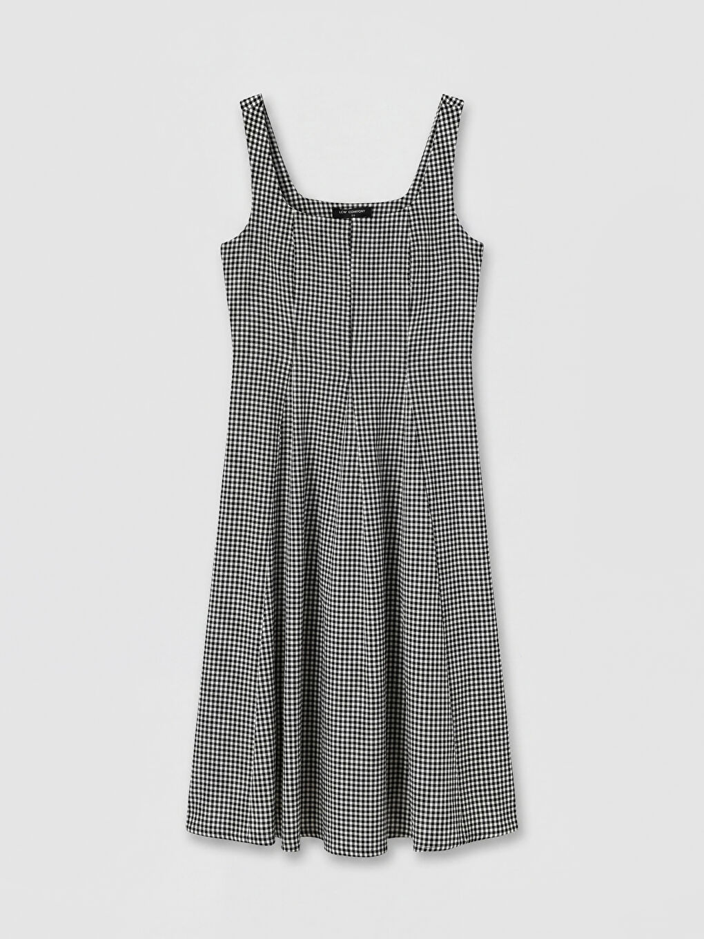 Siyah Kare Yaka Ekose Belden Oturtmalı Elbise