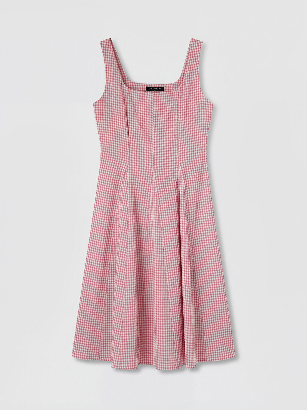 Pembe Kare Yaka Ekose Belden Oturtmalı Elbise