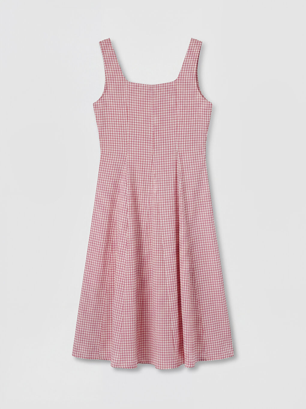 Pembe Kare Yaka Ekose Belden Oturtmalı Elbise-1