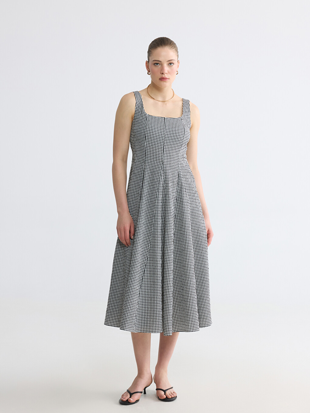Square Neck Plaid Fitted Waist Dress-1
