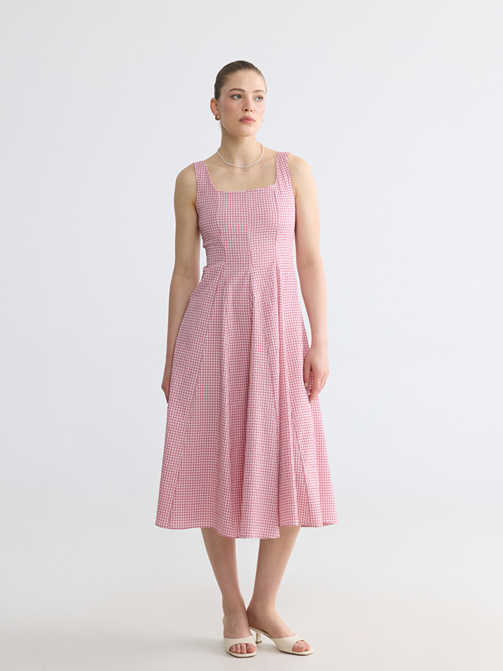 Square Neck Plaid Fitted Waist Dress-1
