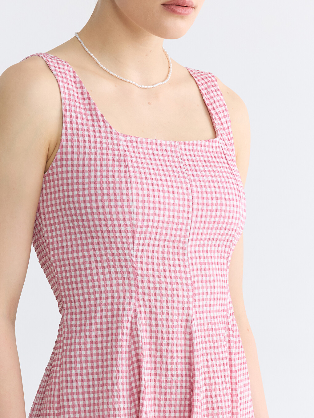 Square Neck Plaid Fitted Waist Dress-2