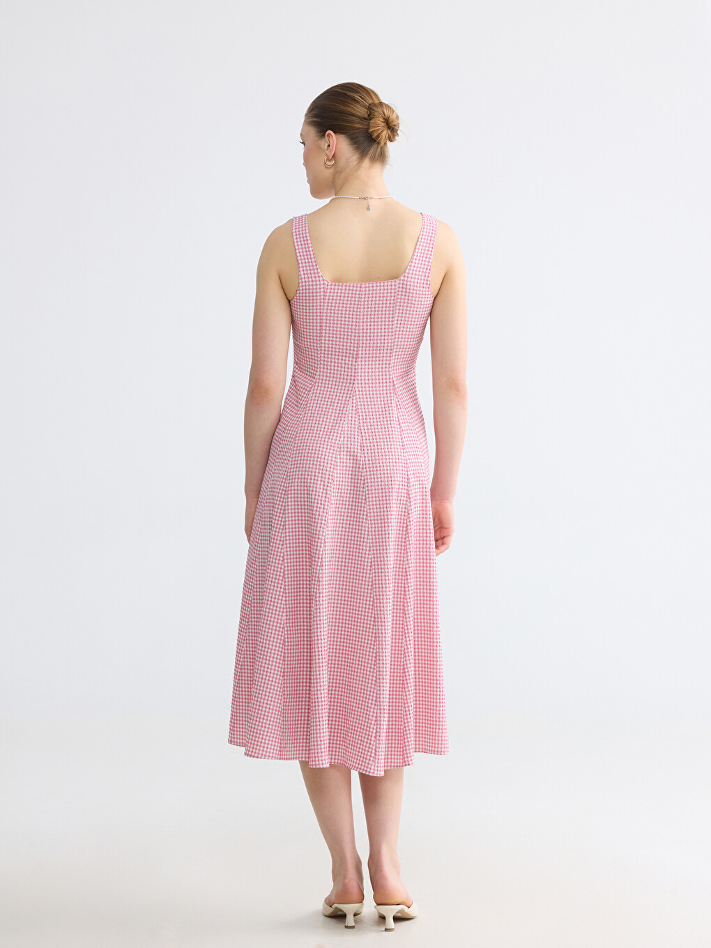 Square Neck Plaid Fitted Waist Dress-3