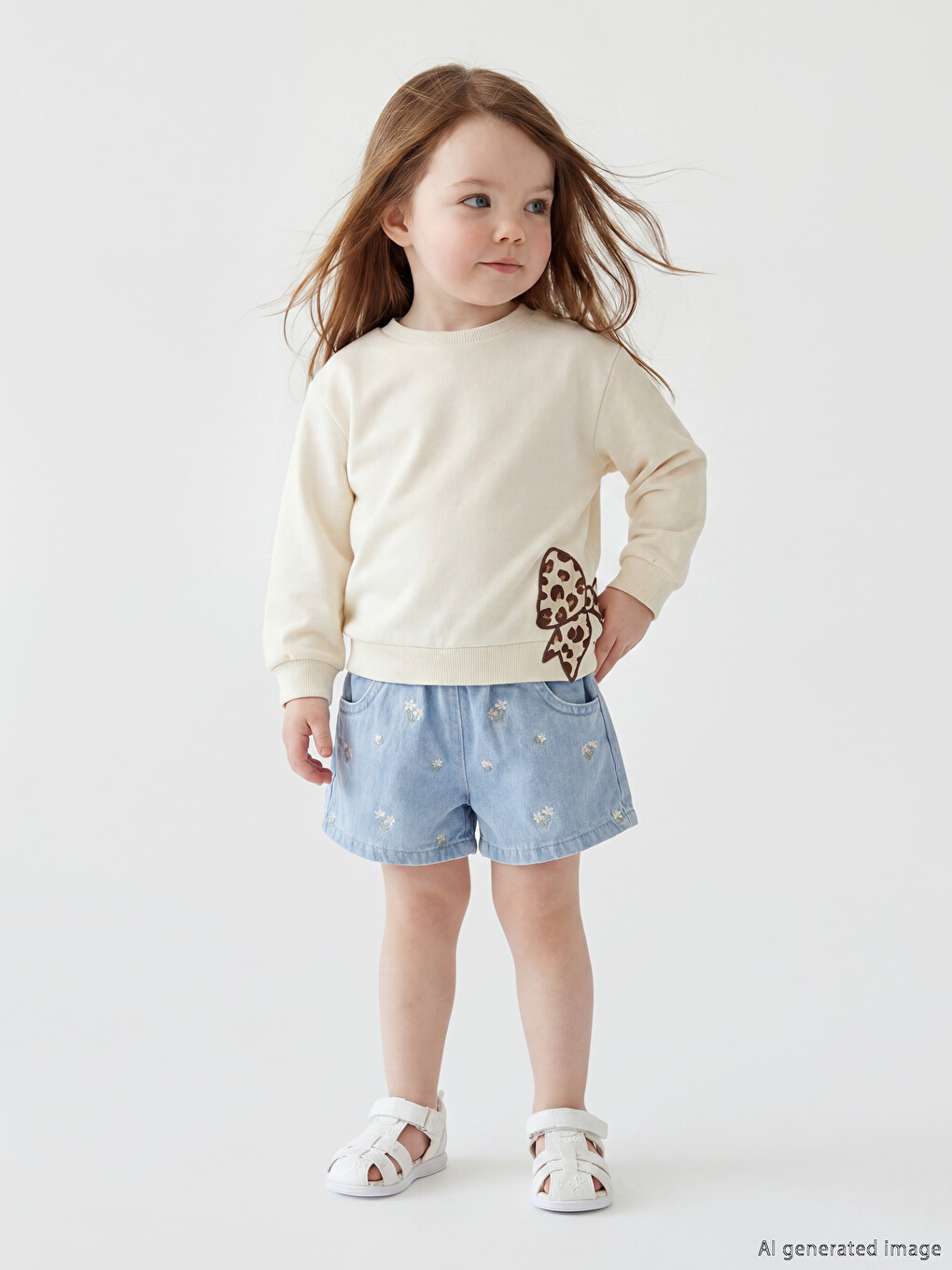 Ekru Bisiklet Yaka Nakışlı Kız Bebek Sweatshirt