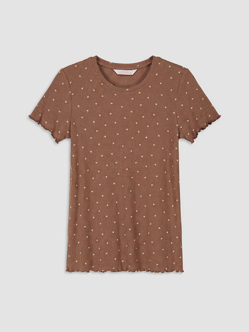 Kahverengi Bisiklet Yaka Kalp Desenli Kadın Pijama Üstü