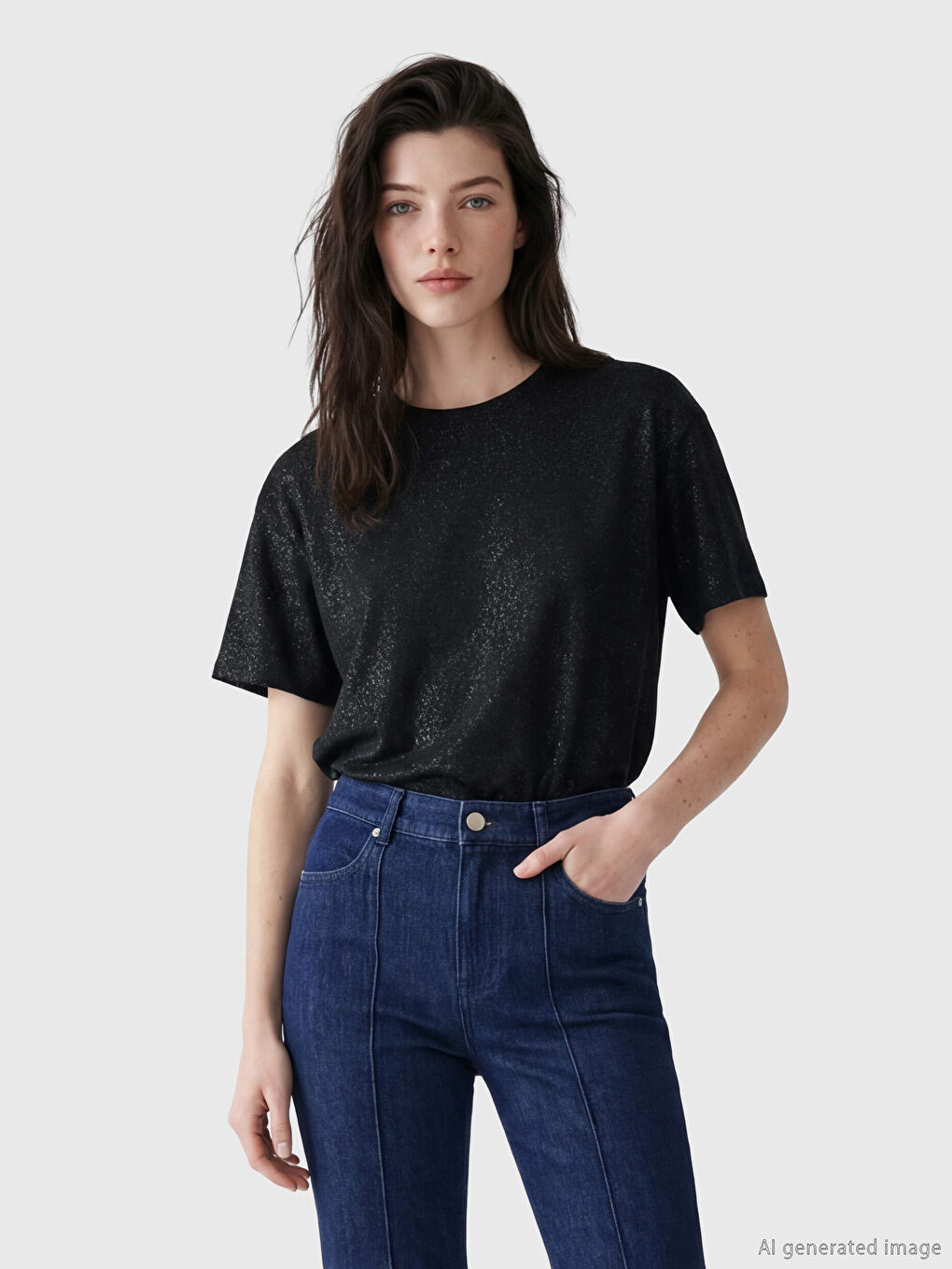 Siyah Bisiklet Yaka Simli Kadın Tişört	
