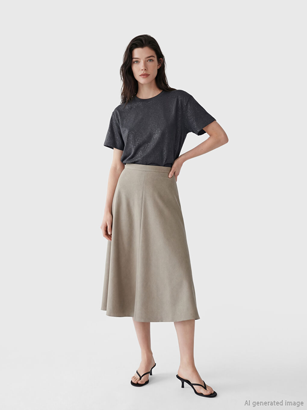 Antrasit Bisiklet Yaka Simli Kadın Tişört	
-1