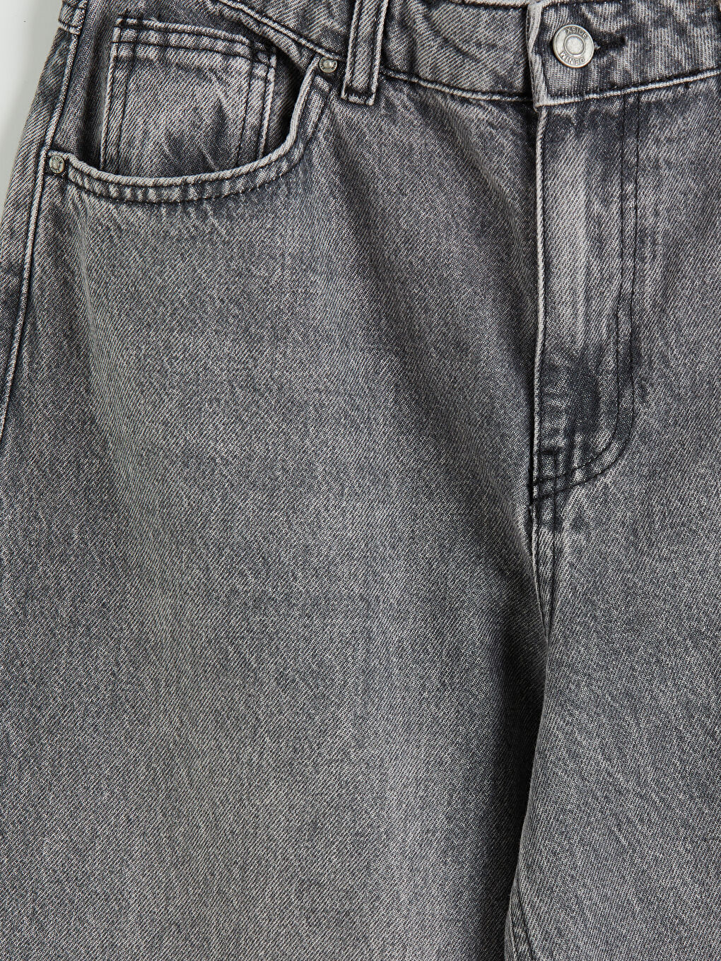 Gri Yüksek Bel Wideleg Kadın Jean Pantolon-2