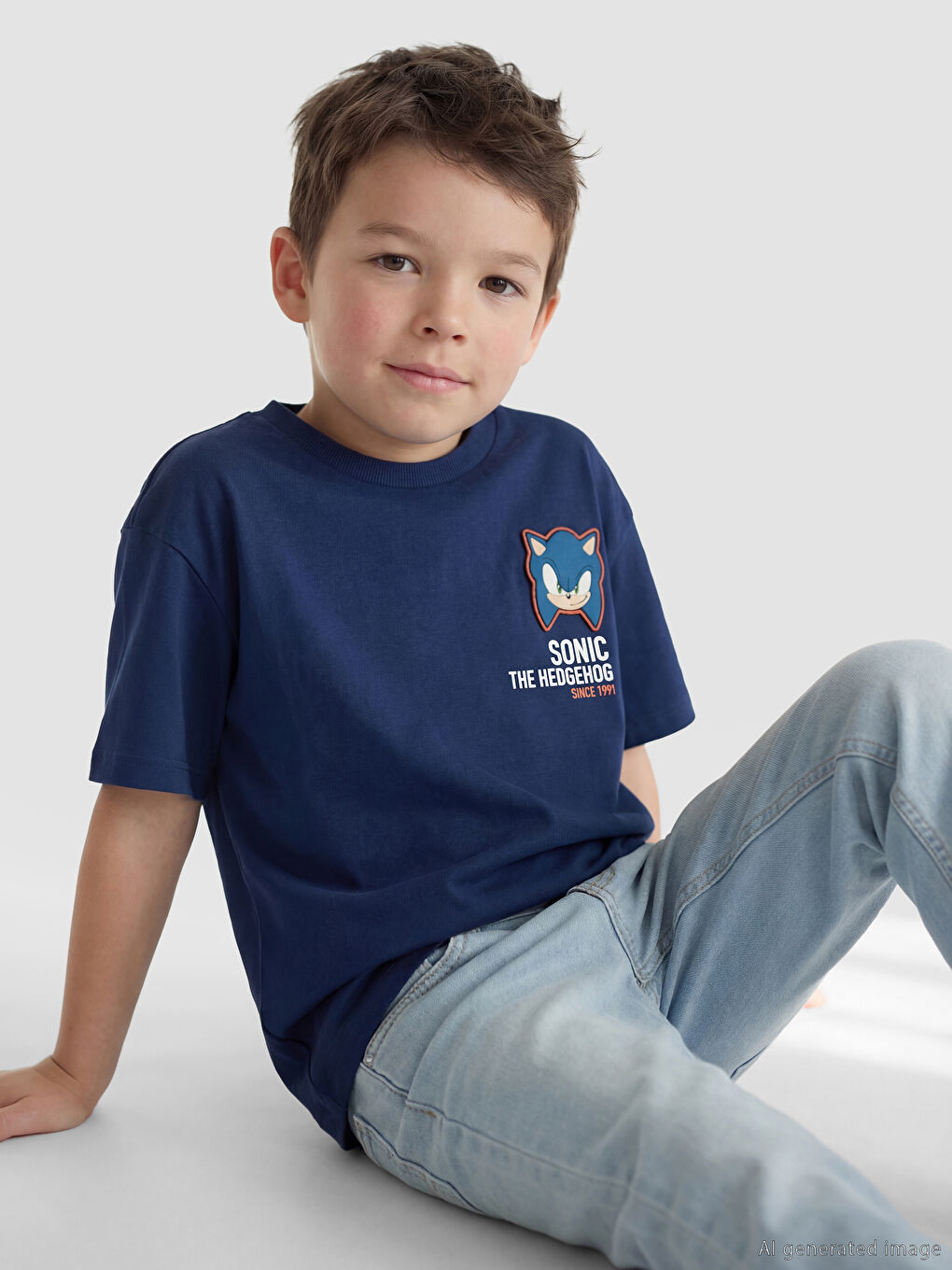 Lacivert Bisiklet Yaka Sonic Baskılı Erkek Çocuk Tişört-1