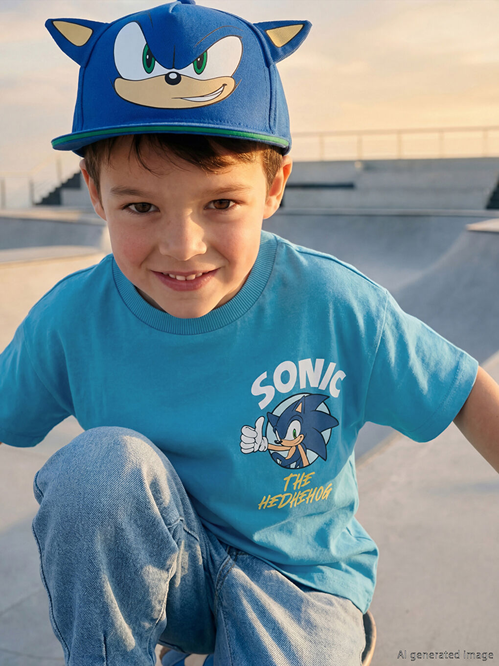 Mavi Bisiklet Yaka Sonic Baskılı Erkek Çocuk Tişört