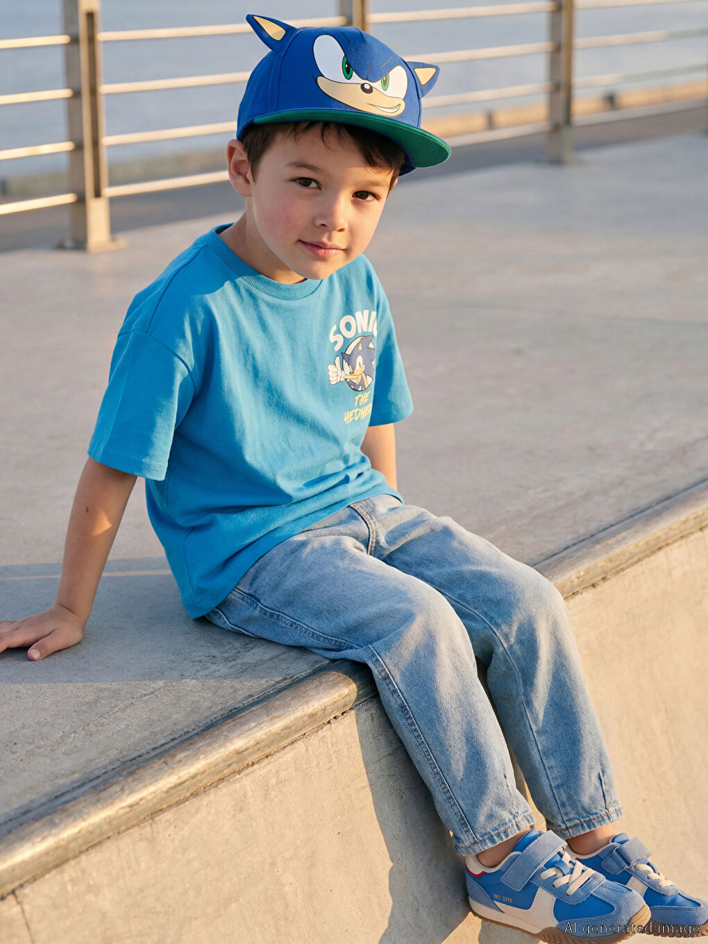 Mavi Bisiklet Yaka Sonic Baskılı Erkek Çocuk Tişört-1