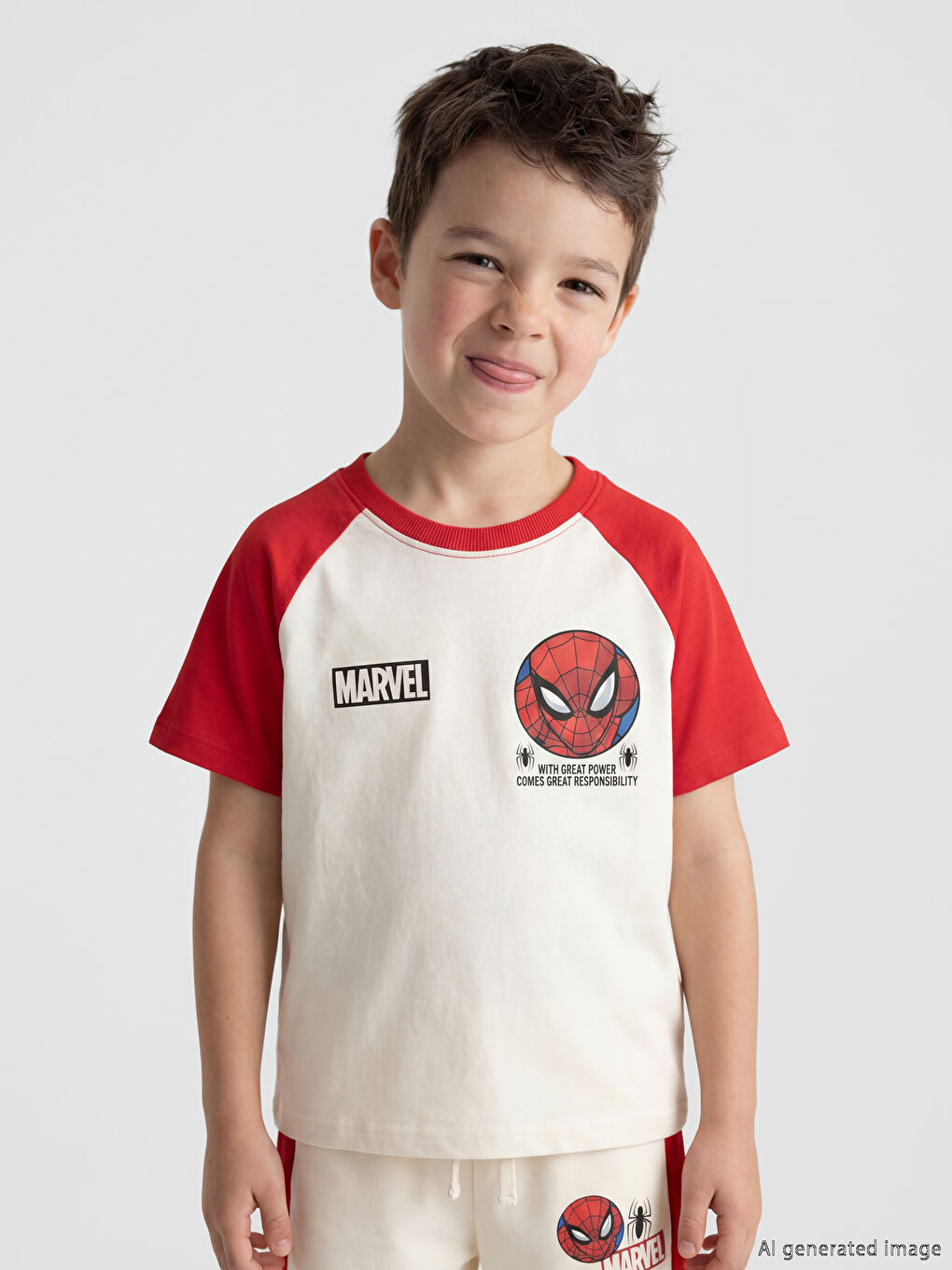 Bej Spider-Man Baskılı Erkek Çocuk Tişört ve Şort-1