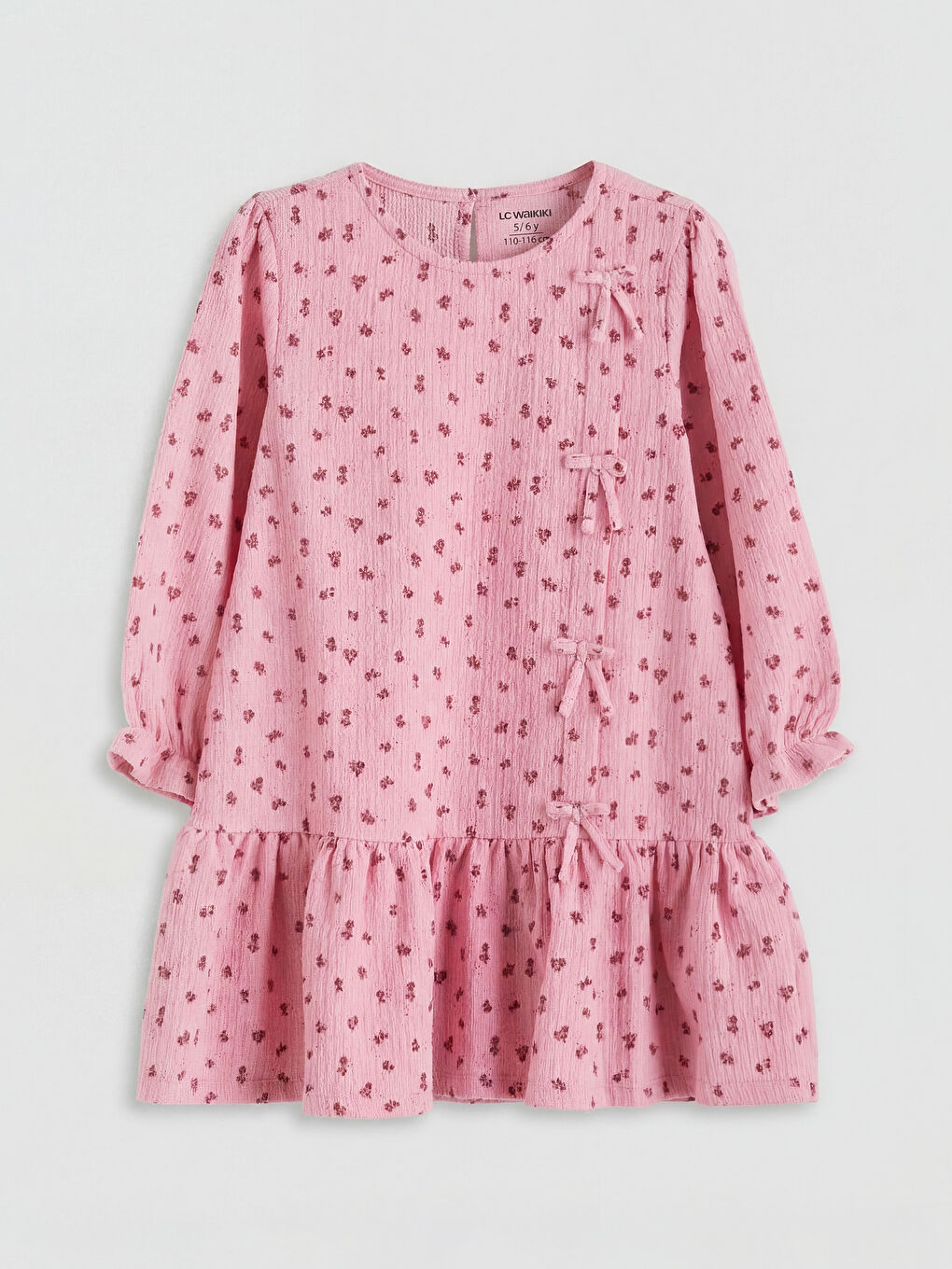 Pembe Bisiklet Yaka Çiçekli Fiyonklu Kız Çocuk Elbise-1