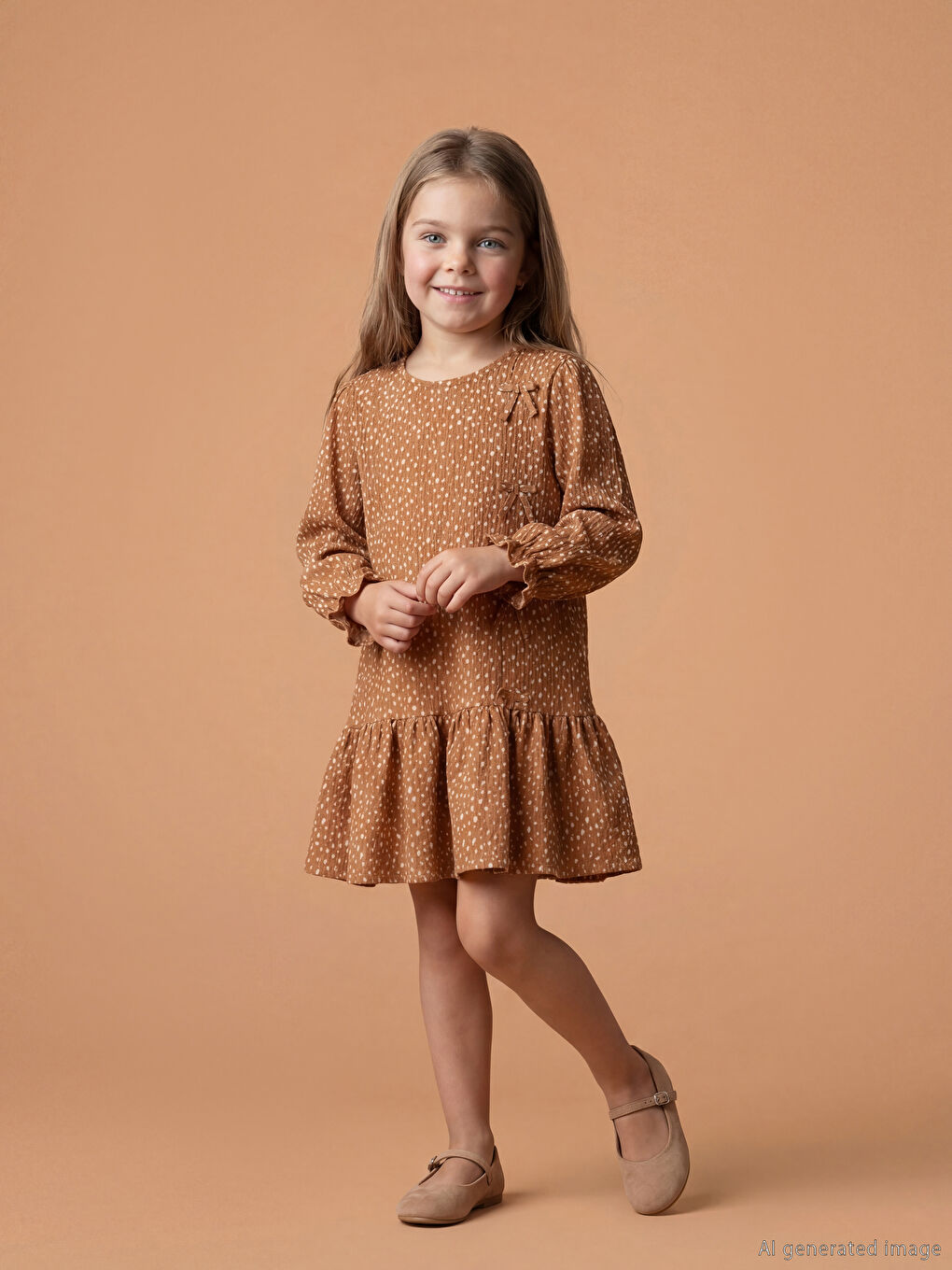 Kahverengi Bisiklet Yaka Fiyonk Detaylı Kız Çocuk Elbise