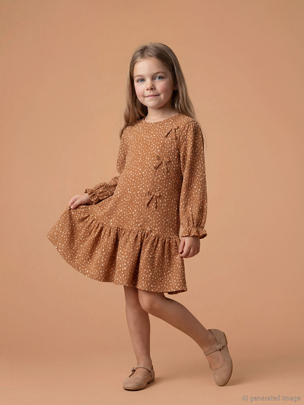 Kahverengi Bisiklet Yaka Fiyonk Detaylı Kız Çocuk Elbise-1