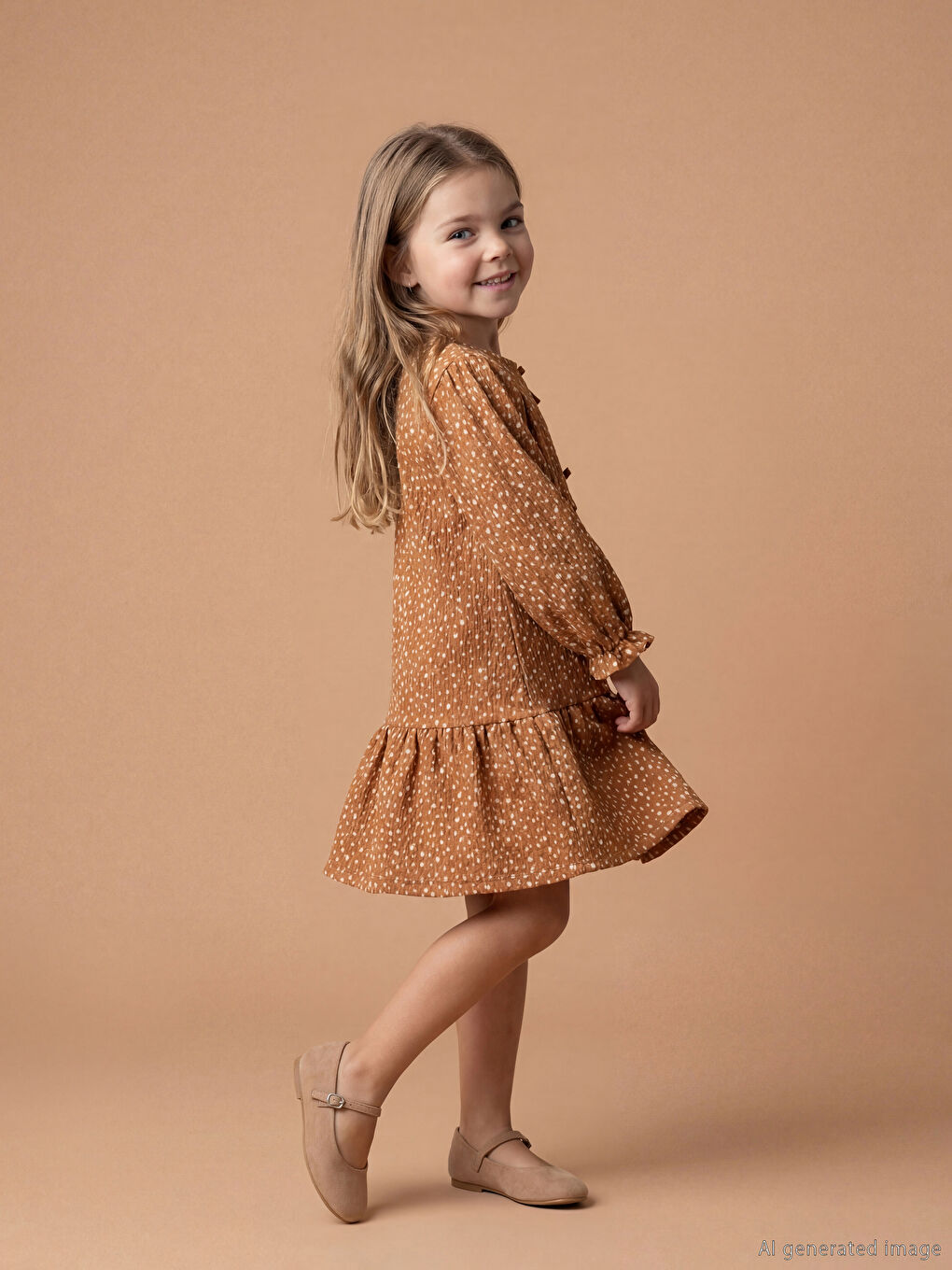 Kahverengi Bisiklet Yaka Fiyonk Detaylı Kız Çocuk Elbise-2