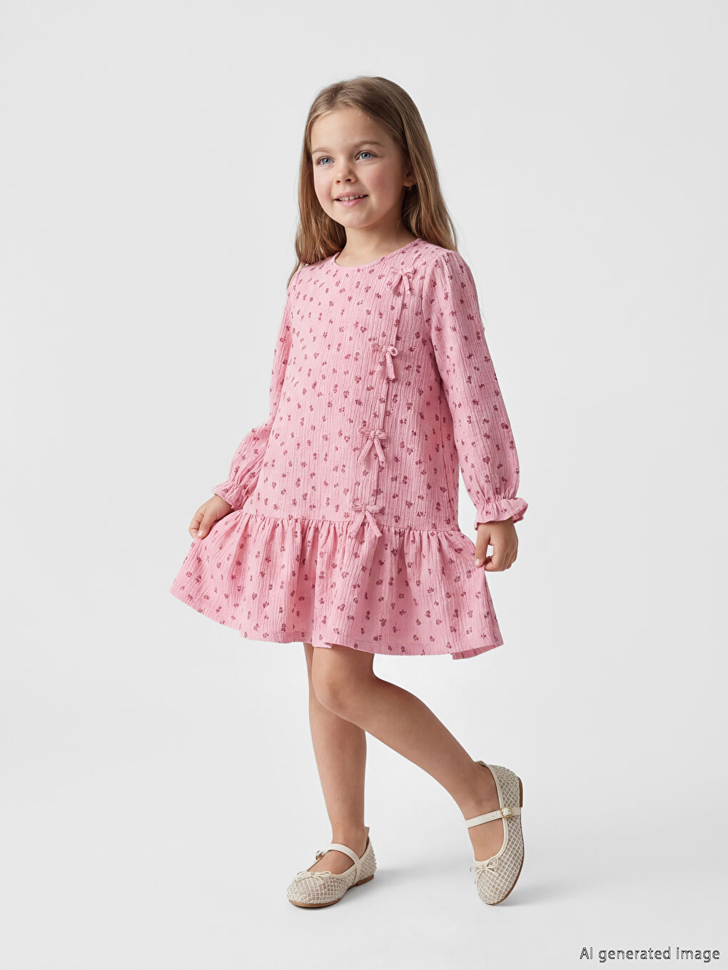 Pembe Bisiklet Yaka Çiçekli Fiyonklu Kız Çocuk Elbise