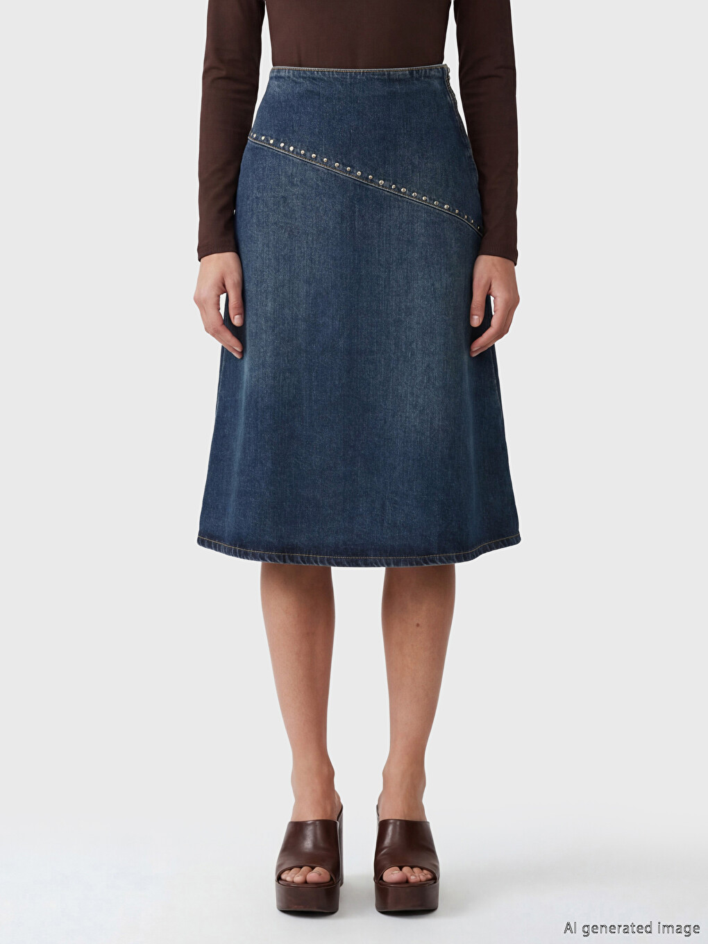 High Waisted A-Line Denim Skirt with Stone Detail and Zipper-1