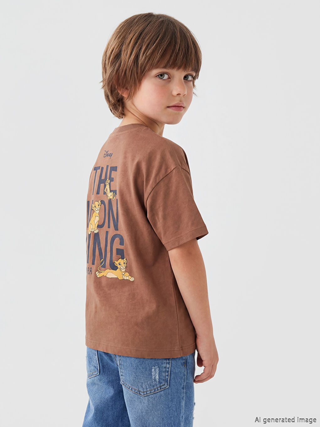 Kahverengi Bisiklet Yaka Aslan Kral Baskılı Erkek Çocuk Tişört