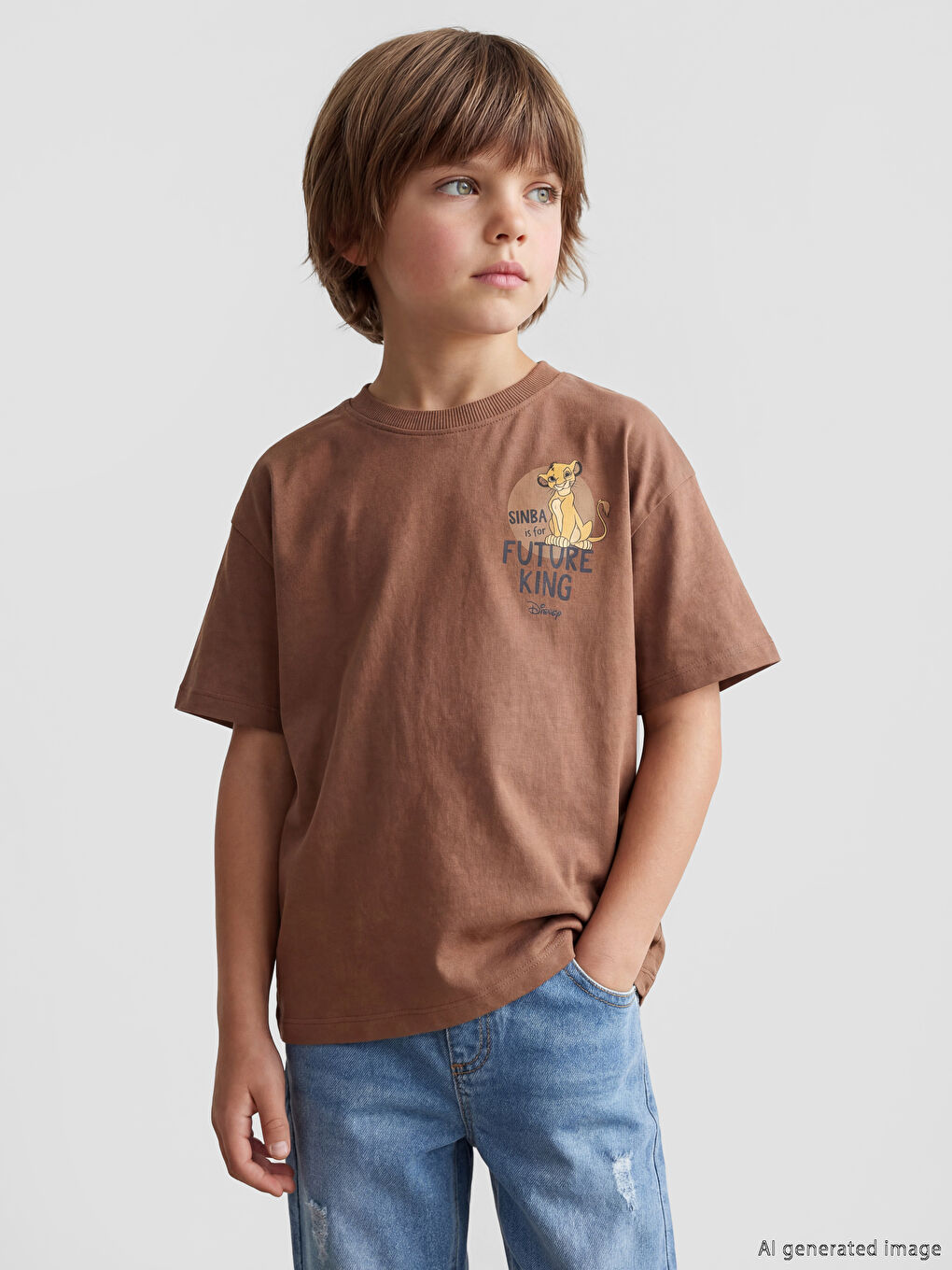 Kahverengi Bisiklet Yaka Aslan Kral Baskılı Erkek Çocuk Tişört-1