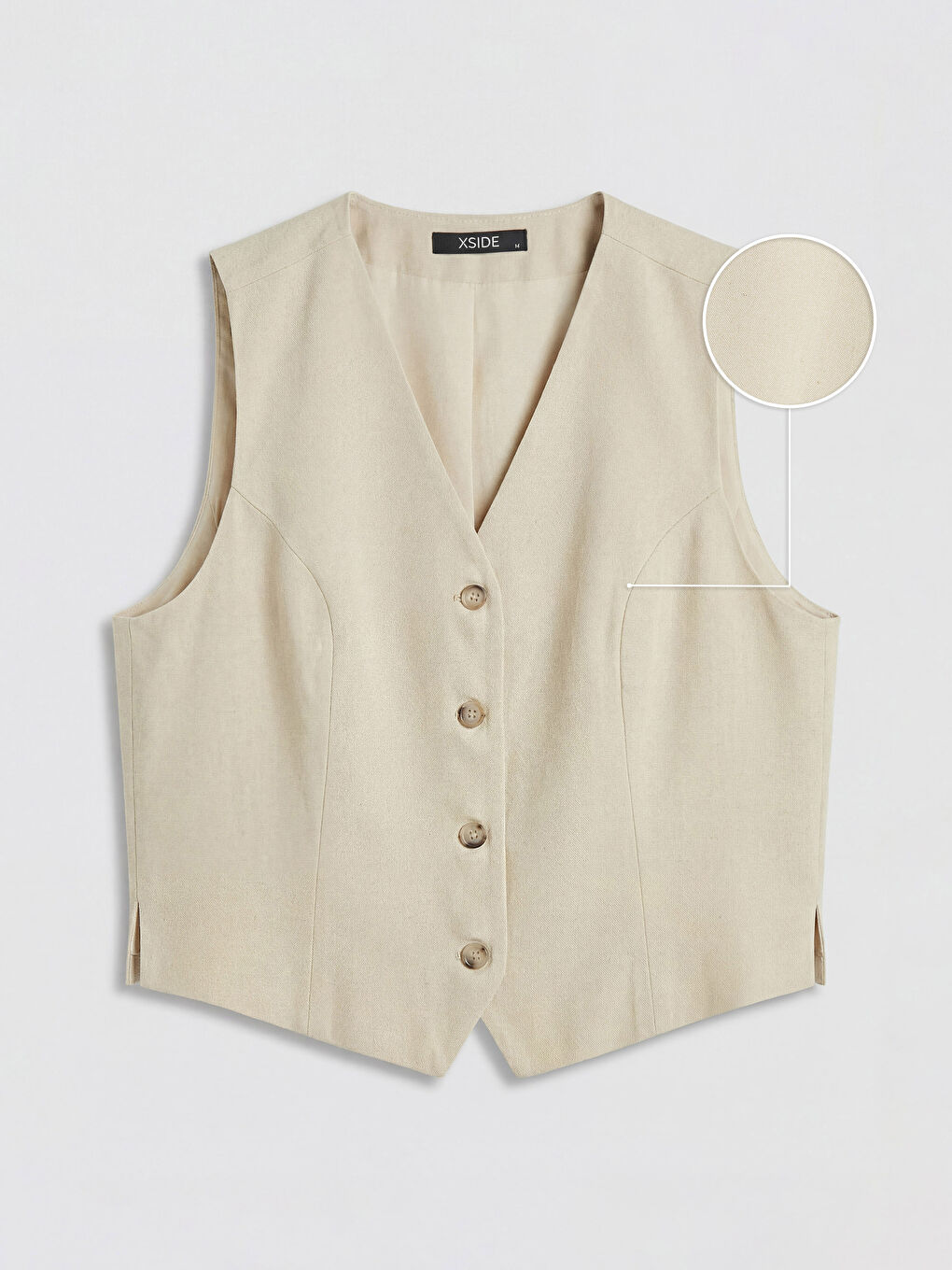 Bej Keten Karışımlı Kadın Klasik Yelek