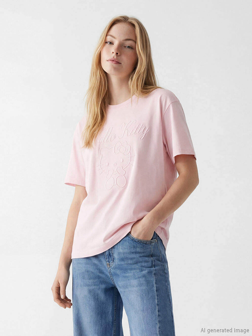 Crew Neck Hello Kitty Embroidered Women's T-Shirt