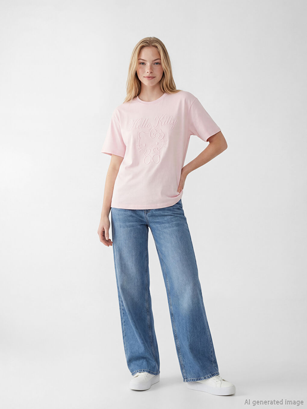 Crew Neck Hello Kitty Embroidered Women's T-Shirt-1