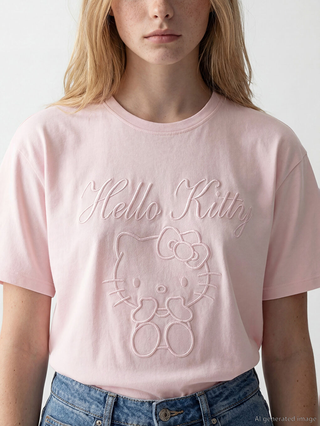 Crew Neck Hello Kitty Embroidered Women's T-Shirt-2