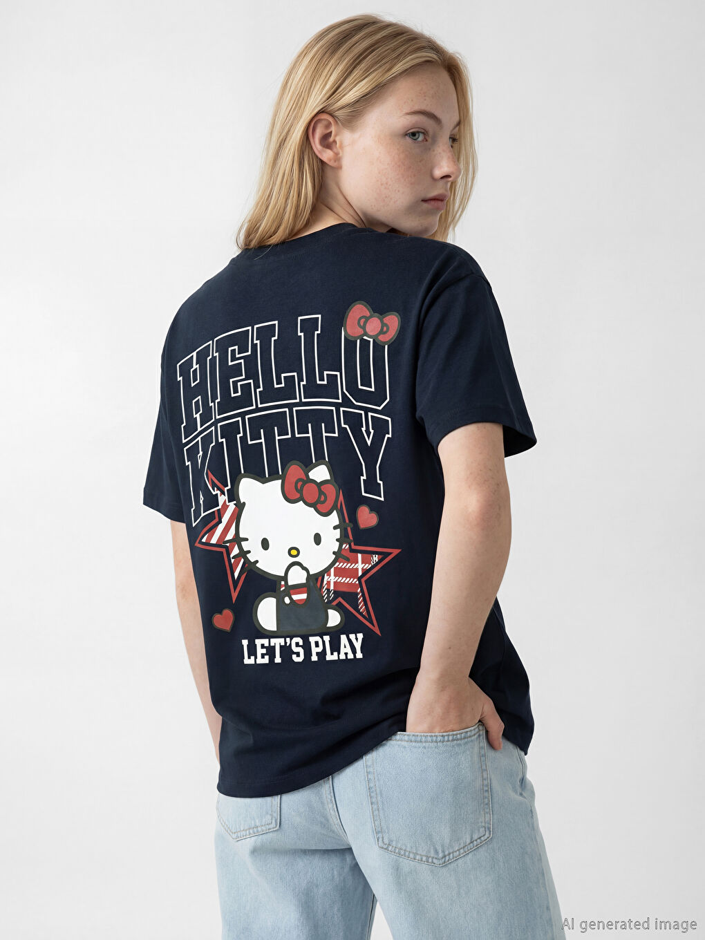 Lacivert Bisiklet Yaka Hello Kitty Baskılı Kadın Tişört