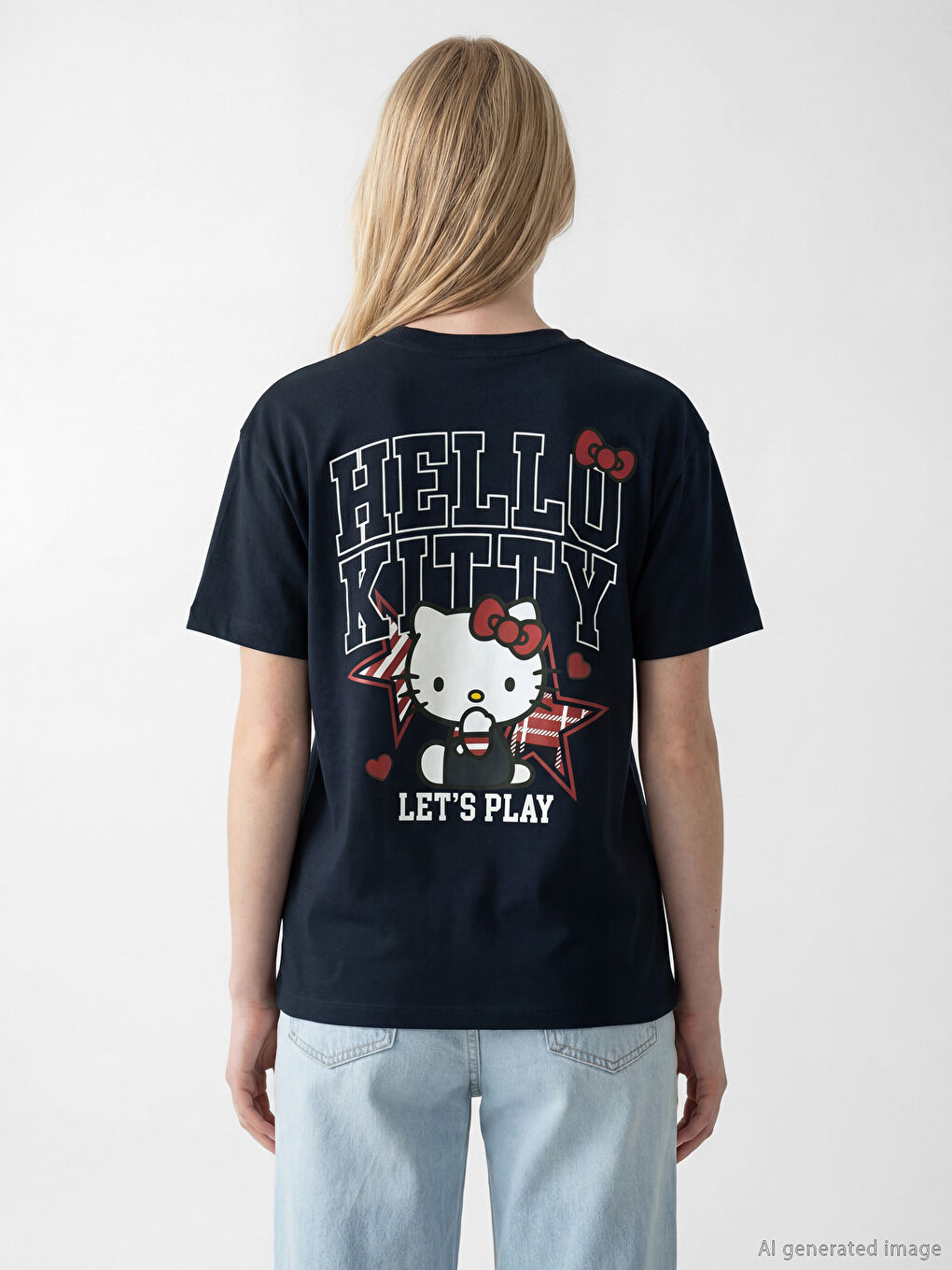 Lacivert Bisiklet Yaka Hello Kitty Baskılı Kadın Tişört-3