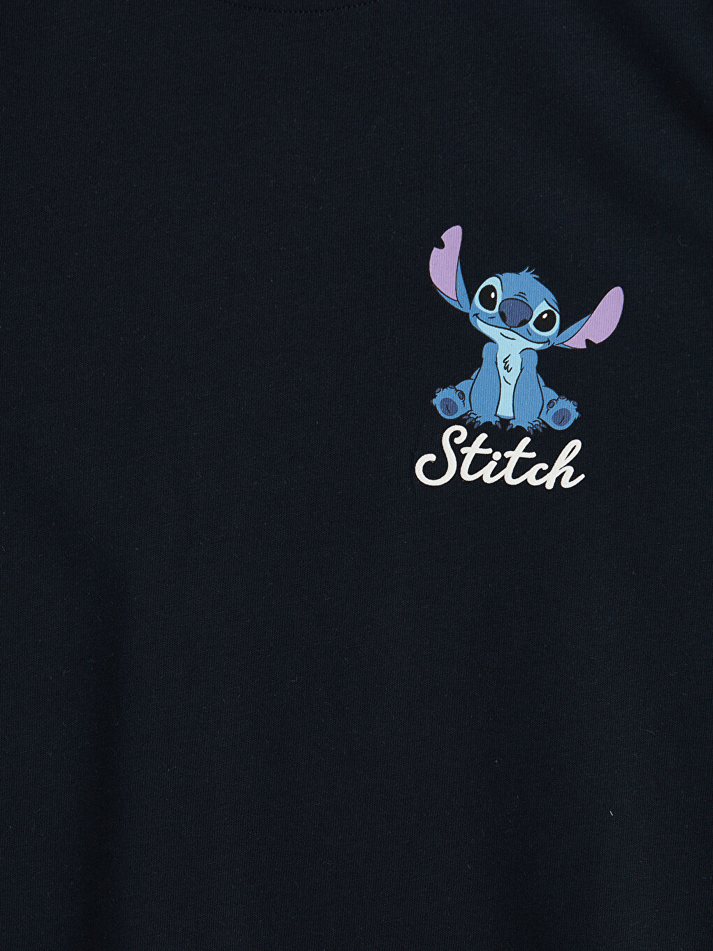 Lacivert Bisiklet Yaka Stitch Baskılı Kadın Tişört-2