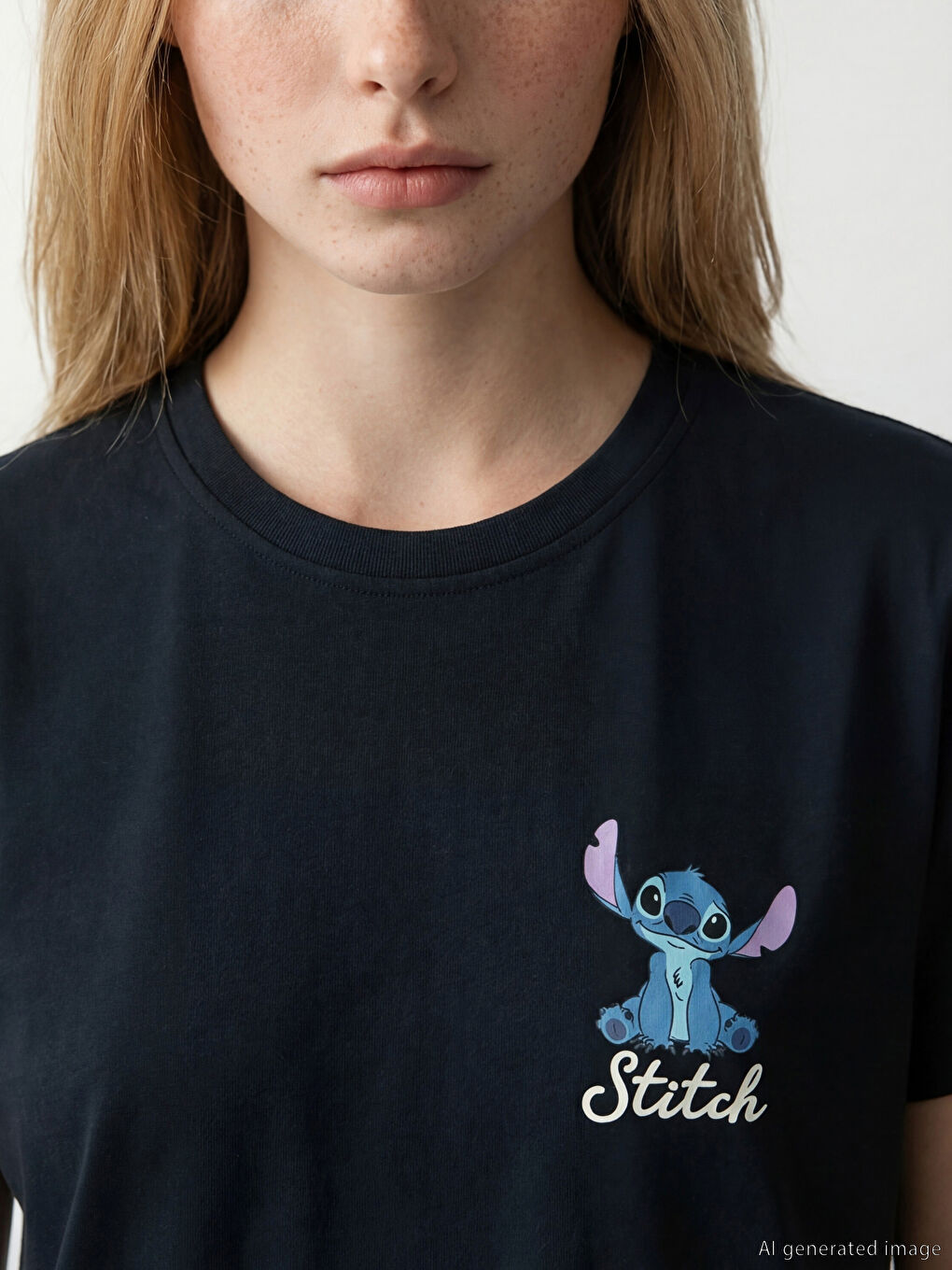 Lacivert Bisiklet Yaka Stitch Baskılı Kadın Tişört-2