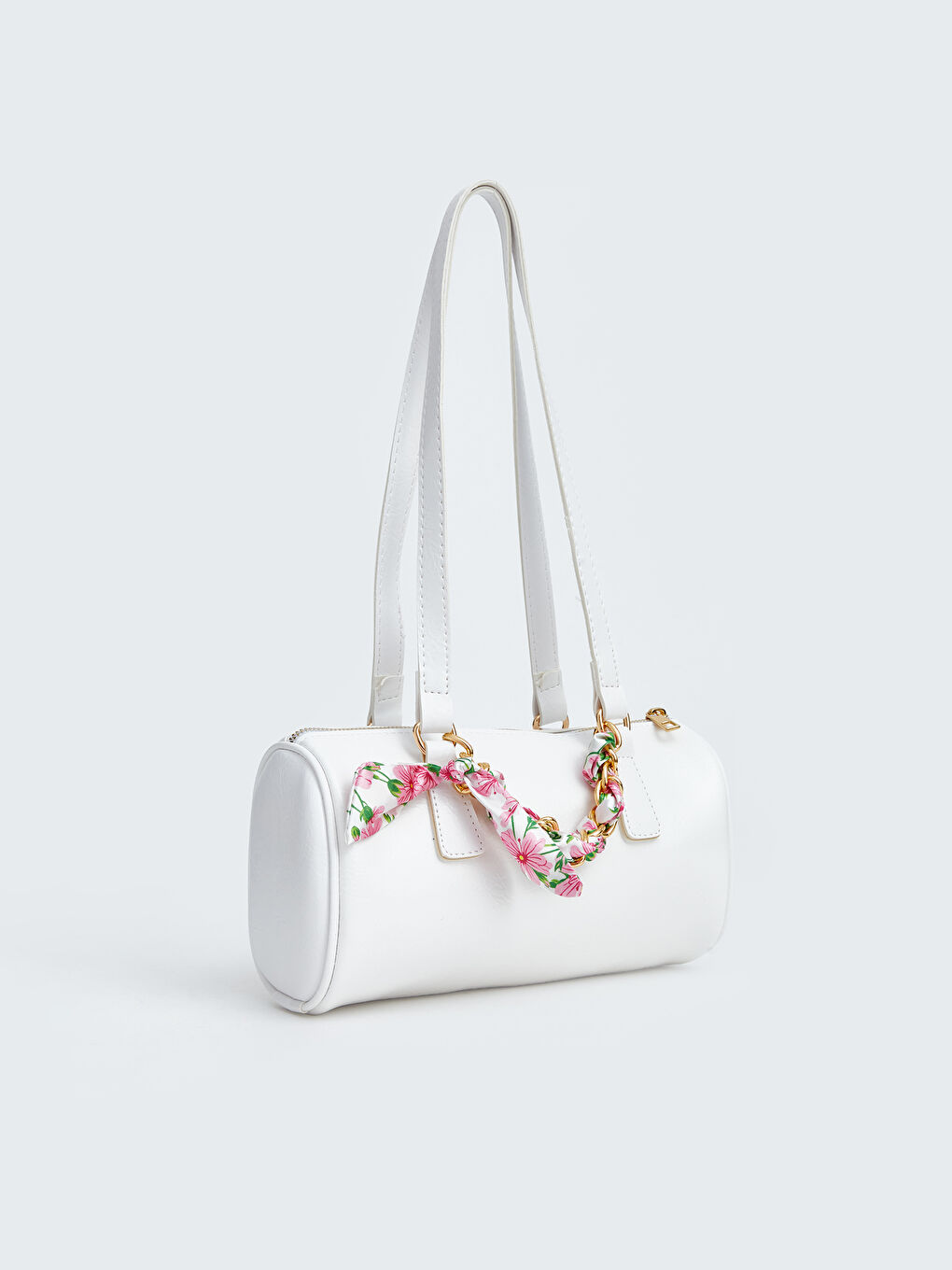 Beyaz Zincir Detaylı Deri Görünümlü Kadın Omuz Çantası-1