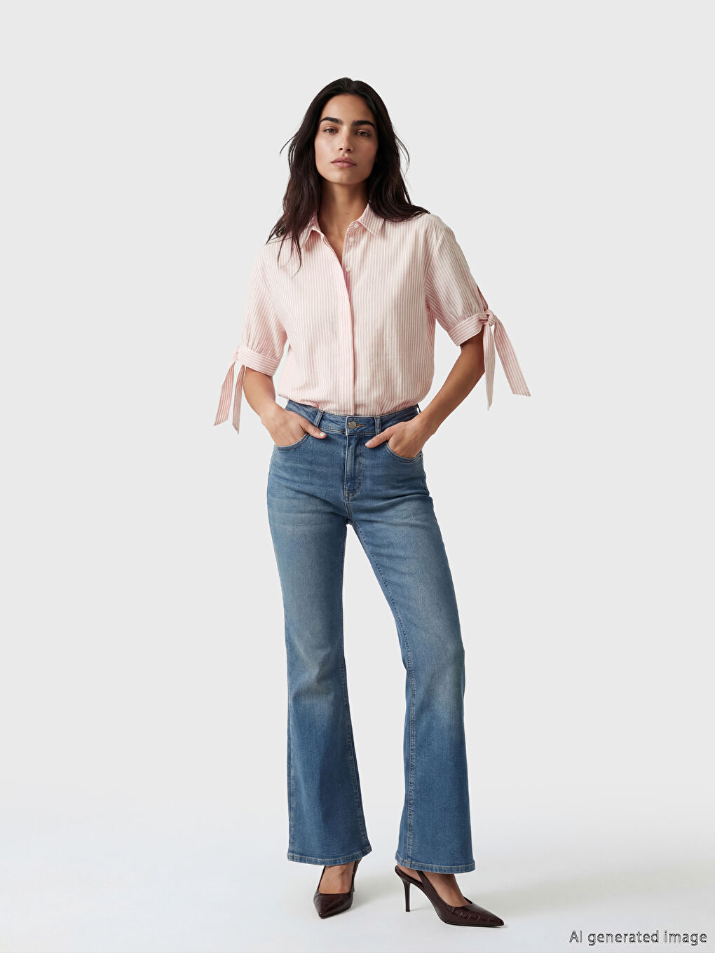 Turuncu Fiyonklu Çizgili Kadın Gömlek-1