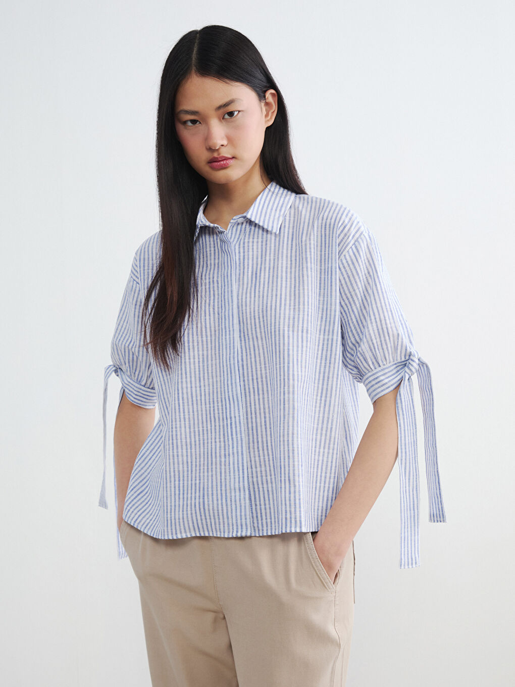 Bow Detailed Striped Women's Shirt