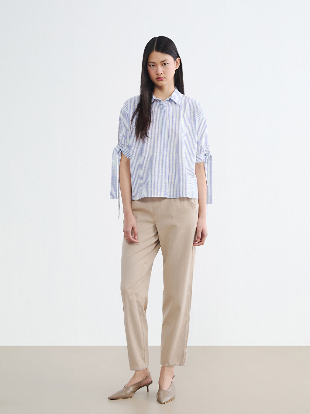 Bow Detailed Striped Women's Shirt-1