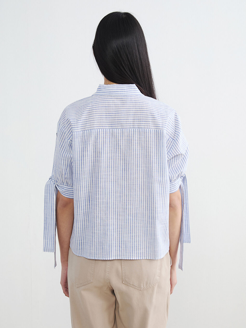 Bow Detailed Striped Women's Shirt-3