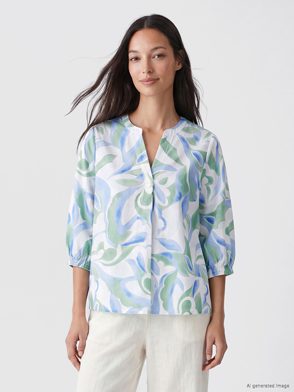 Notch Neck Patterned 100% Cotton Blouse