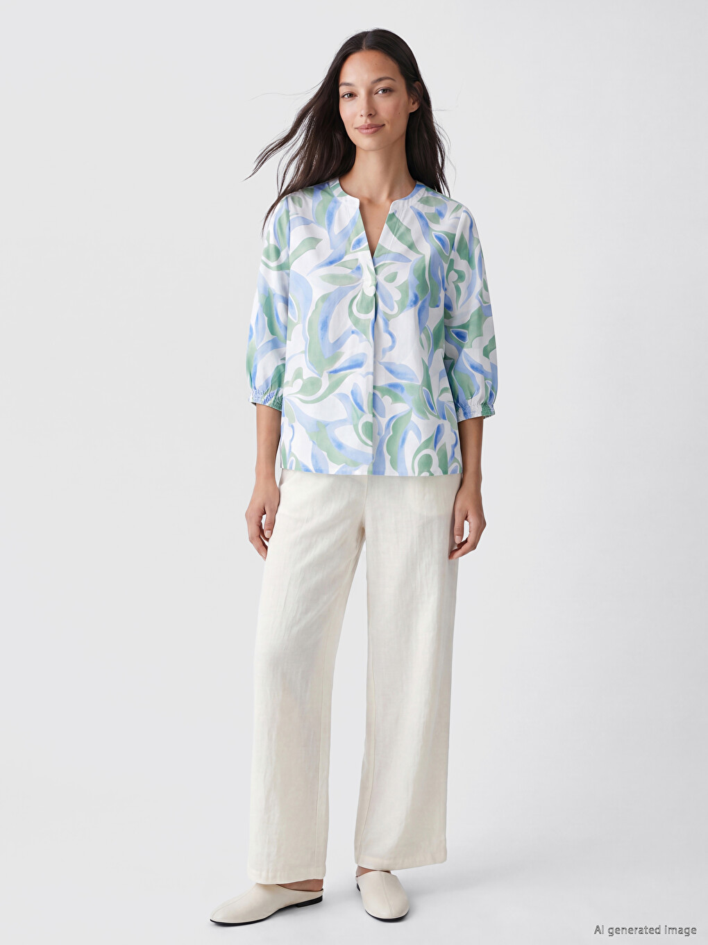 Notch Neck Patterned 100% Cotton Blouse-1