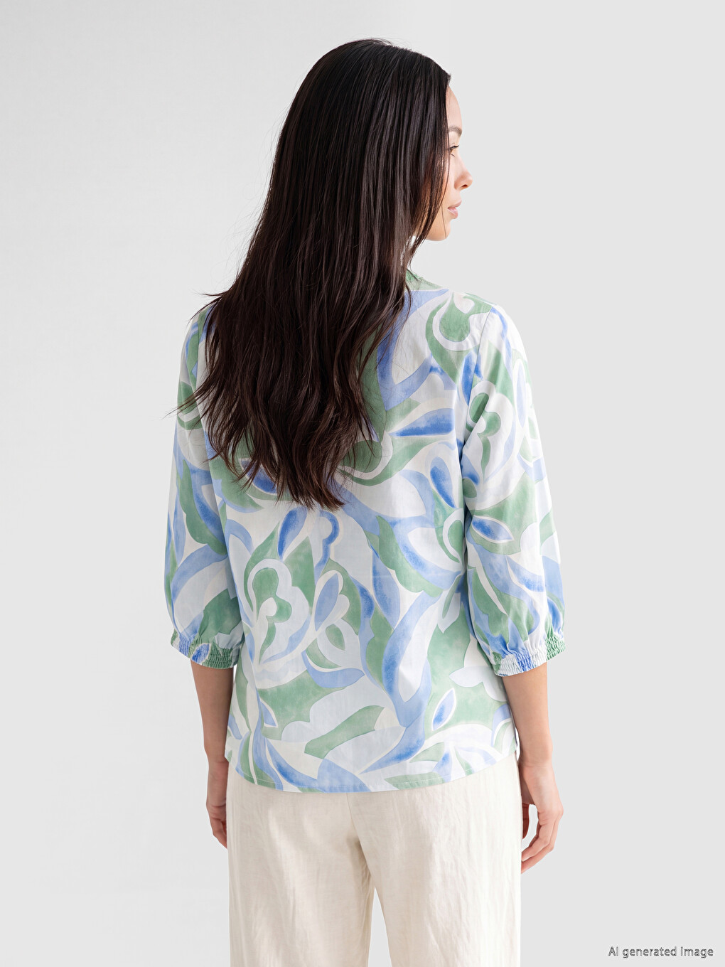 Notch Neck Patterned 100% Cotton Blouse-2