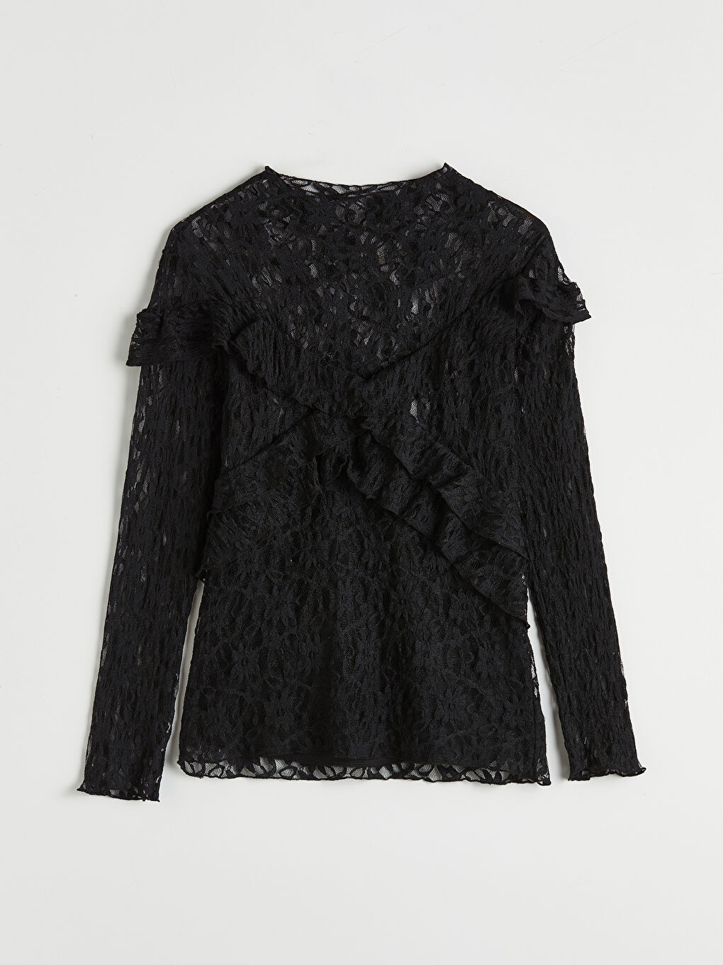 Siyah Dik Yaka Fırfırlı Dantelli Bluz-4