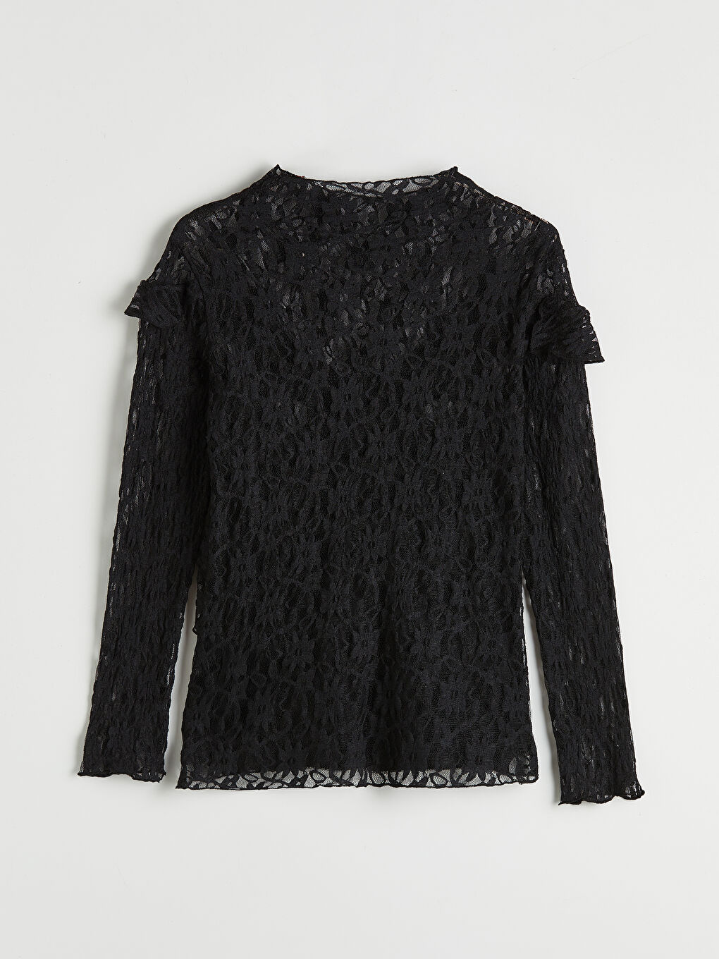 Siyah Dik Yaka Fırfırlı Dantelli Bluz-5