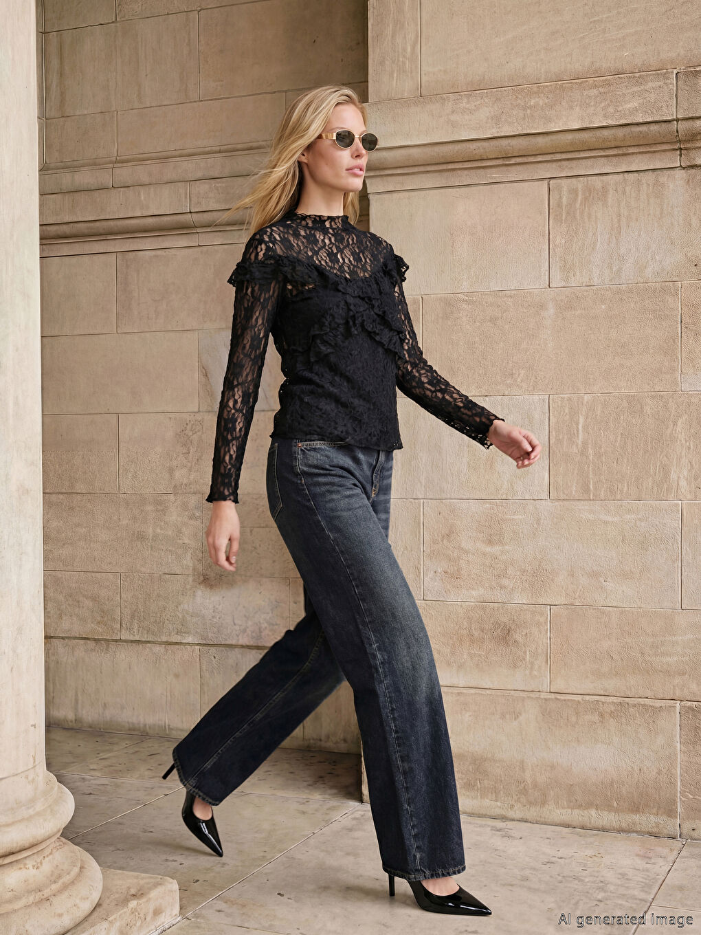 Siyah Dik Yaka Fırfırlı Dantelli Bluz-1