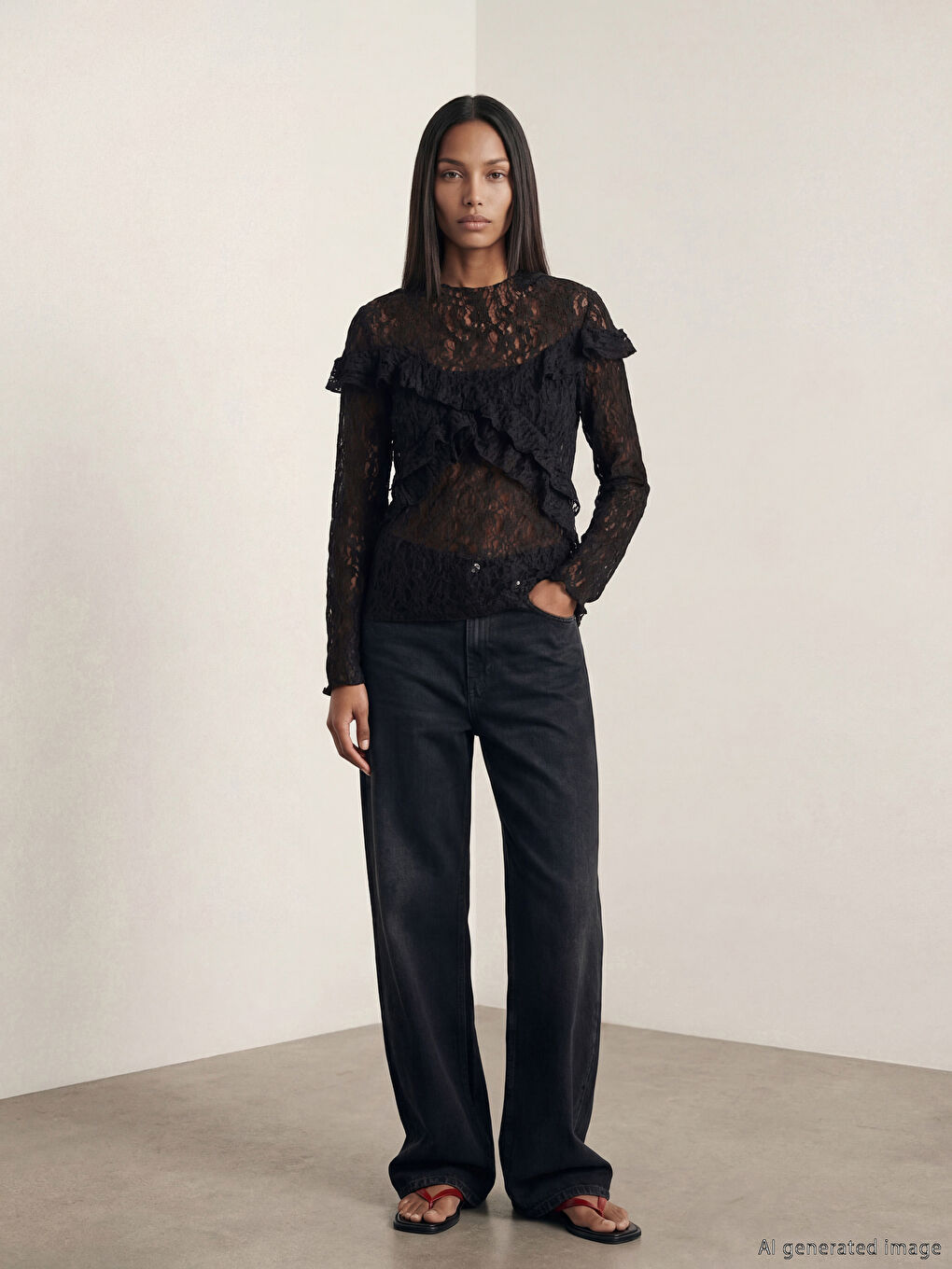 Siyah Dik Yaka Fırfırlı Dantelli Bluz-1