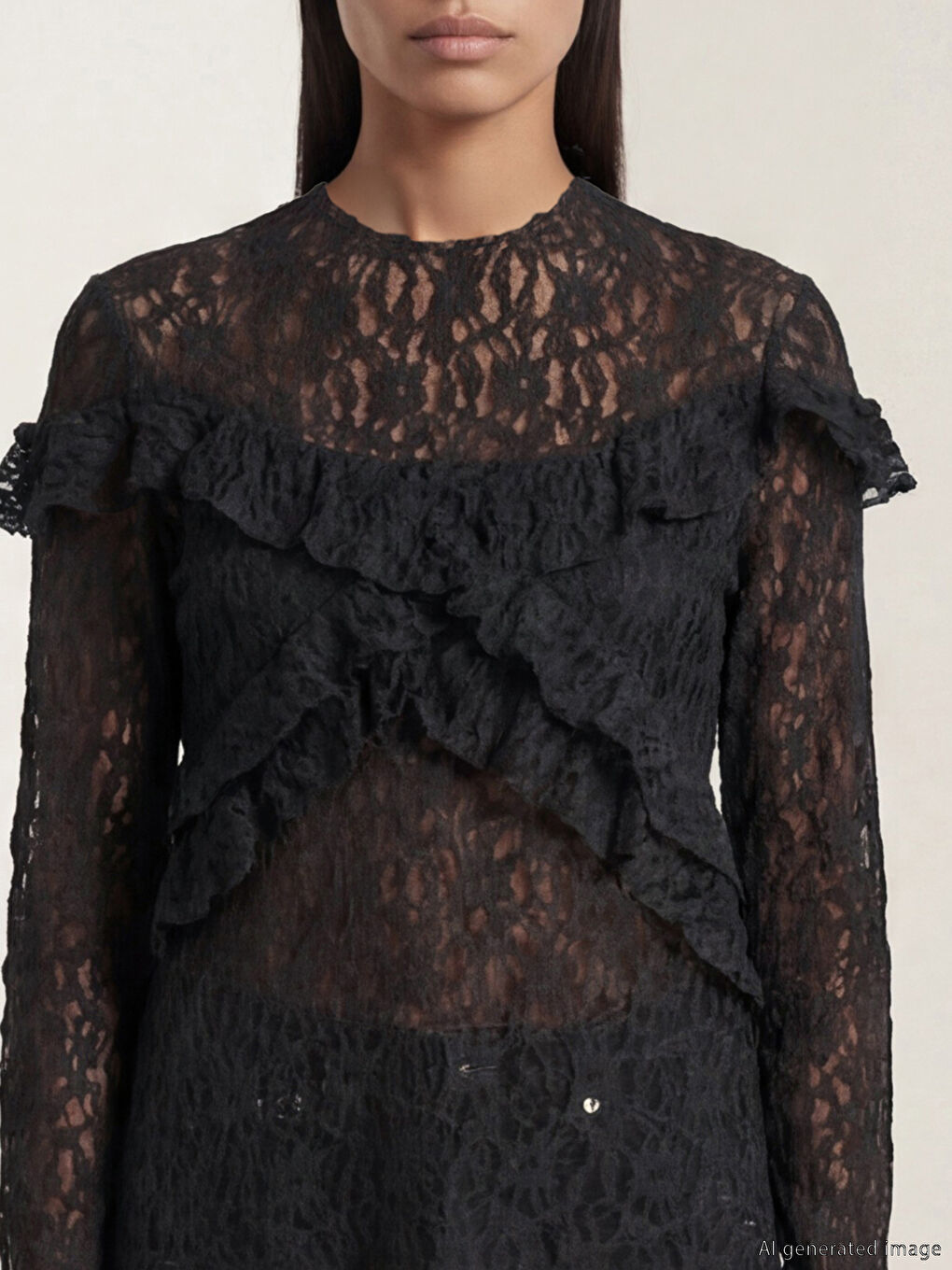 Siyah Dik Yaka Fırfırlı Dantelli Bluz-2