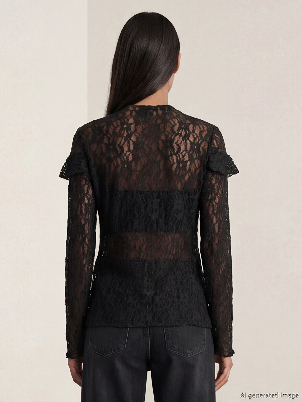 Siyah Dik Yaka Fırfırlı Dantelli Bluz-3